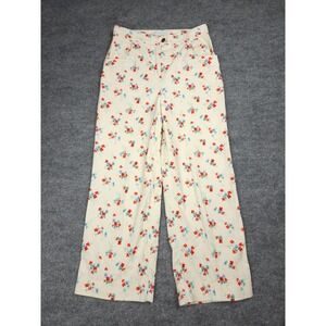 Yolke London Corduroy Pants Women's 10 White Floral AOP Wide Leg High Rise